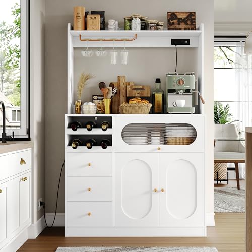 Kitchen Pantry Storage Cabinet with Hutch, Buffet Cabinet with Storage, Coffee Bar Cabinet with Power Outlets, Microwave Stand, Wine Racks, Kitchen Cupboard for Dining & Living Room, Black