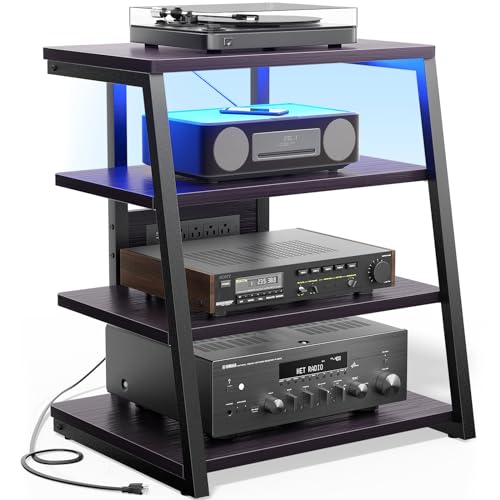 AV Media Stand with Outlets, Media Console with LED Lights, Stereo Racks and Stands with Storage Shelves, Media Audio Tower Cabinet, Rustic Brown