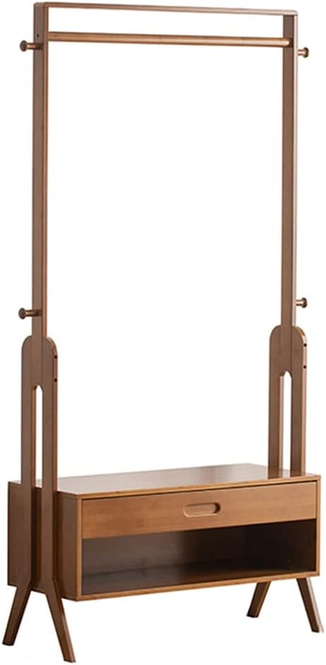 JOuan Coat Rack, Bamboo Clothes Rack With Shelves Hanging Rod 4 Hooks And Drawer Freestanding Closet Organizer For Hanging Clothes Folding Clothes Shoes Decors