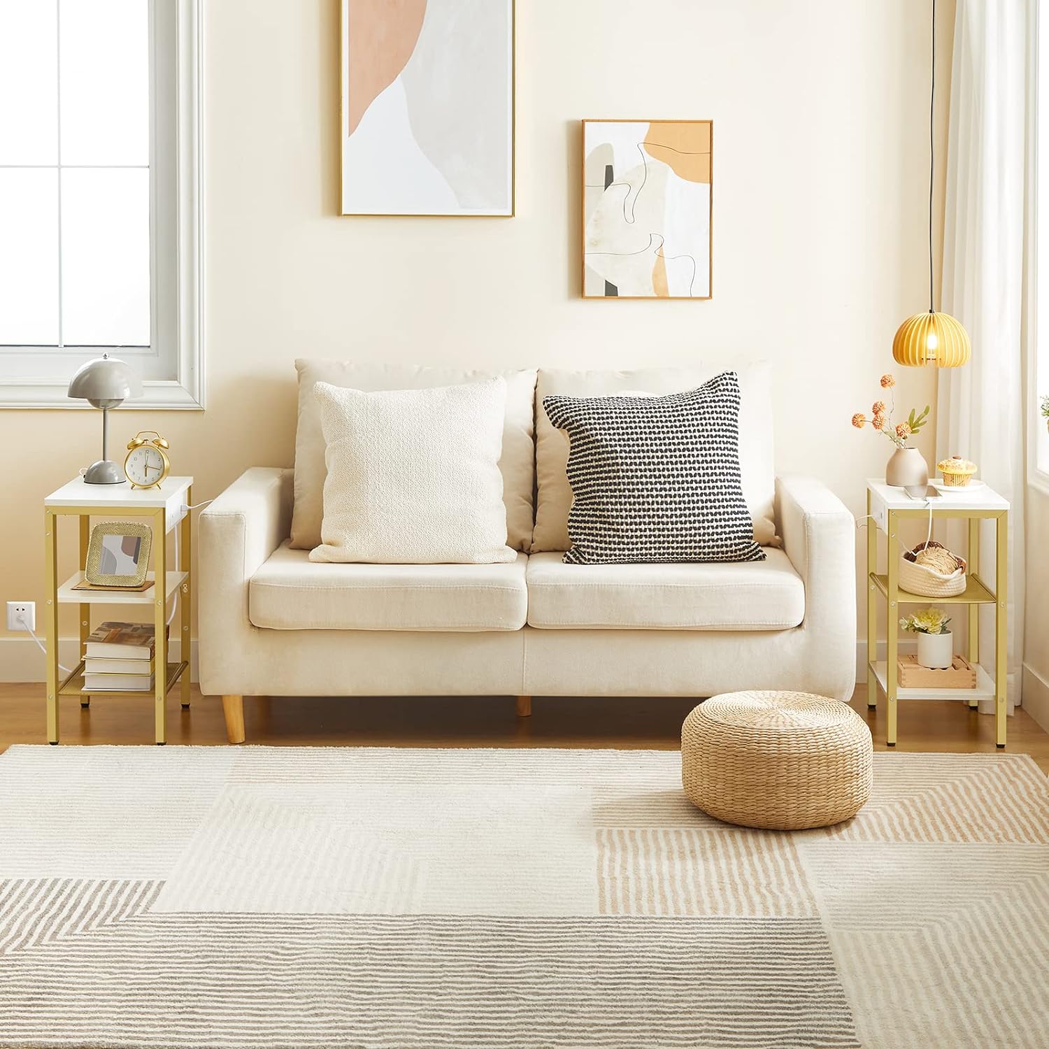 HOOBRO End Tables Set of 2 with Charging Station and Small White Side Tables Set of 2 with Charging Station Bundle, DW112BZP201G1-DW87UBZP201G1