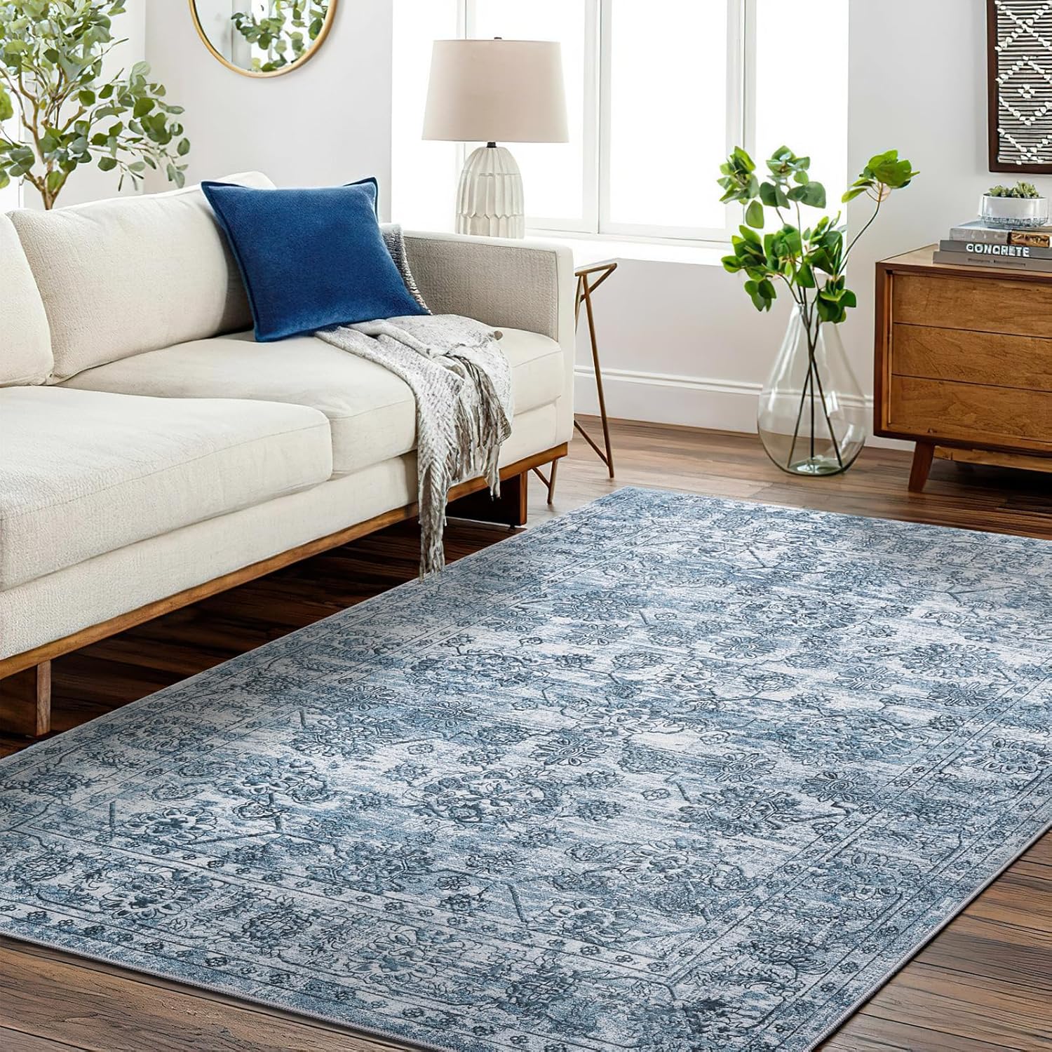 5x7 Area Rugs, Ultra-Thin Washable Rugs for Bedroom, Living Room, Stain Resistant Anti Slip Backing Area Rug, Super-Soft Floral Vintage Home Decor Rug (Blue/Beige, 5'x7')
