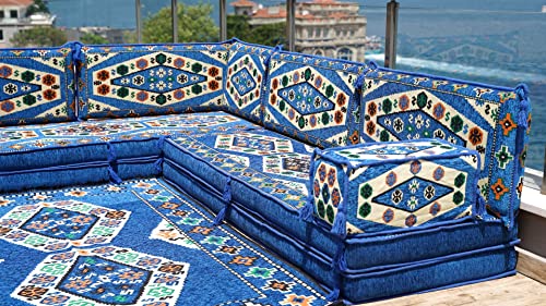Royal Blue Floor Sofa Seating Set, L Shape Corner Arabic Sofa Set, Oriental Floor Seating, Floor Cushions, Living room Sofa, Arabic Majlis, Moroccan Jalsa (L Sofa Full Set)