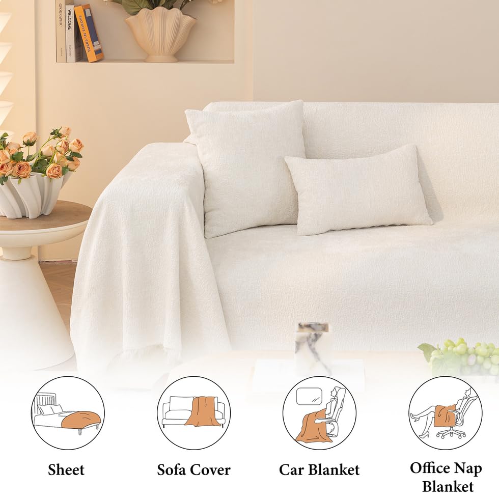 AMWAN Luxury Chenille Couch Cover for Living Room Creamy Beige Sofa Cover for L Shape,Sectional Sofa,Durable Soft Slipcover for Dogs,Cats 1 Piece Universal Furniture Protector Cover, 71x118