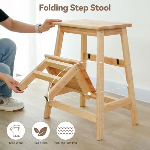 Step Stool, Solid Wood 2-Tier Step Ladder, Folding Toddler Step Stool Kitchen Helper, 2-in-1 Display Ladder and Storage Shelf, Wooden Step Stools for Adults & Kids, Natural