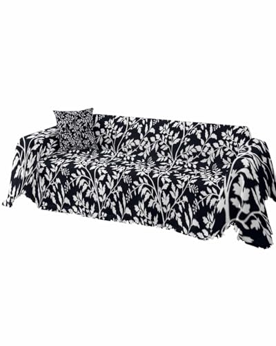 Floral Sofa Cover Couch Covers for 3-4 Cushion Couch Throw Couch Cover with Tassel Soft Sofa Slipcover Modern Flowers Leaf Plants Black White Couch Furniture Protector for Dog Pet 71