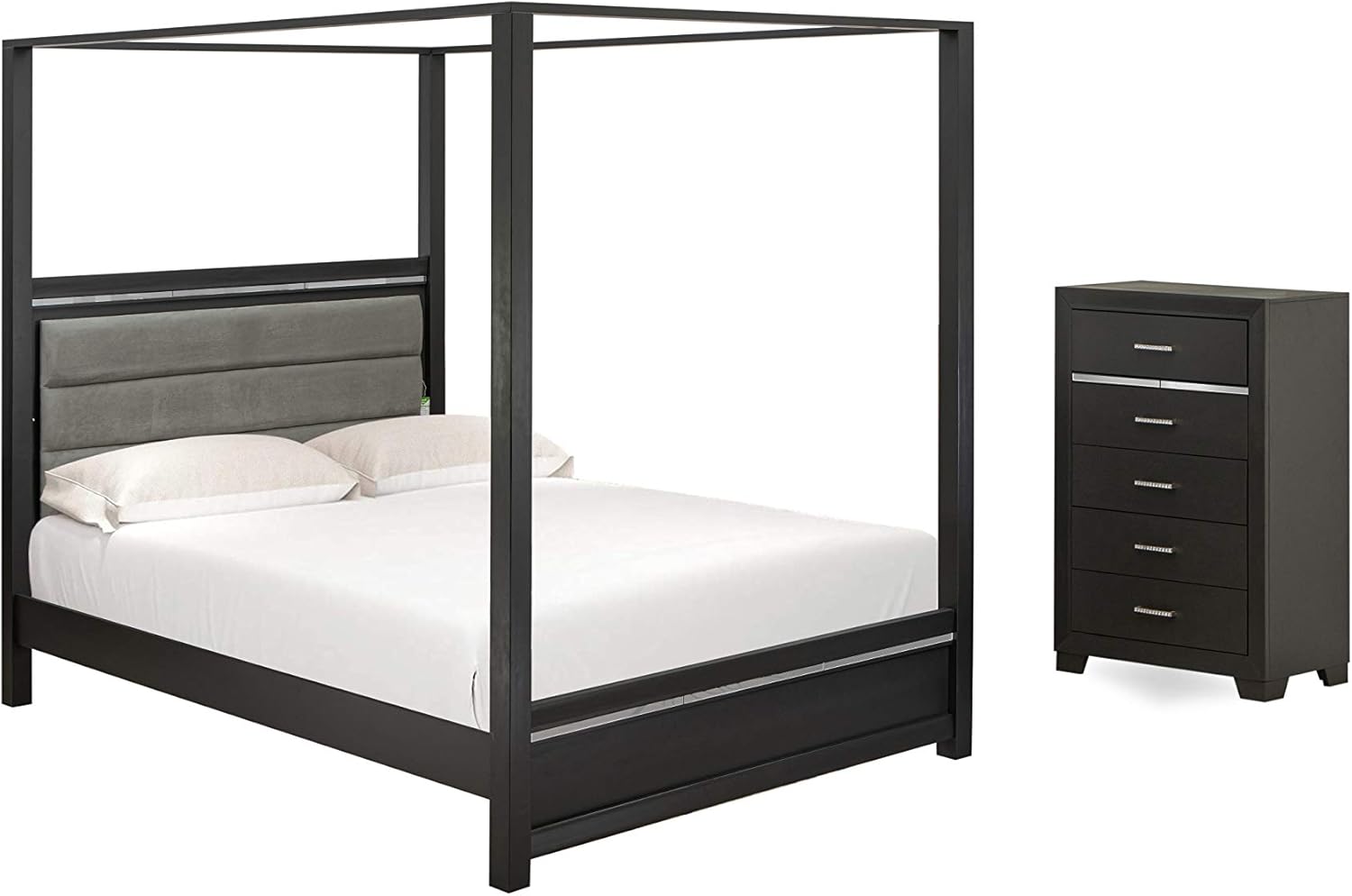 East West Furniture 2-Piece Denali Modern Wooden Bedroom Set-Adjustable LED Lighting Headboard Queen Size Bed and a Small Chest of Drawers, Brush Gray