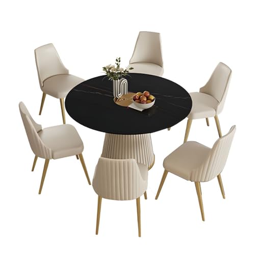 NIUYAO Dining Table Stone Top Simplistic Style Round Solid Wood Pedestal Base Circular Tabletop for Dining Room Kitchen Leisure Coffee Table -Black 47