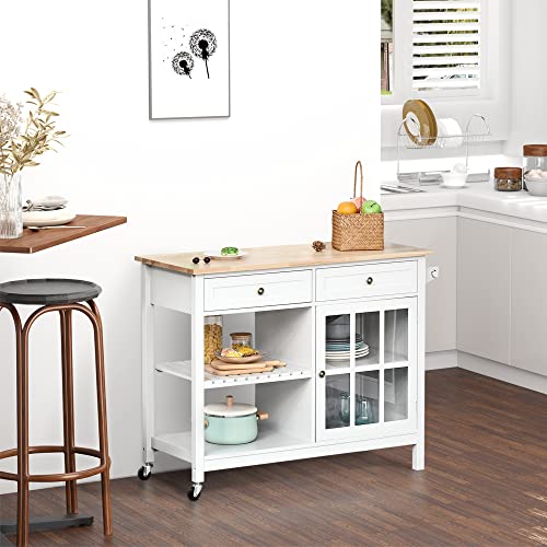 HOMCOM Rolling Kitchen Island with Storage, Kitchen Cart with Solid Wood Top, Glass Door Cabinet, Adjustable Shelf, Towel Rack, 2 Drawers for Dining Room, White