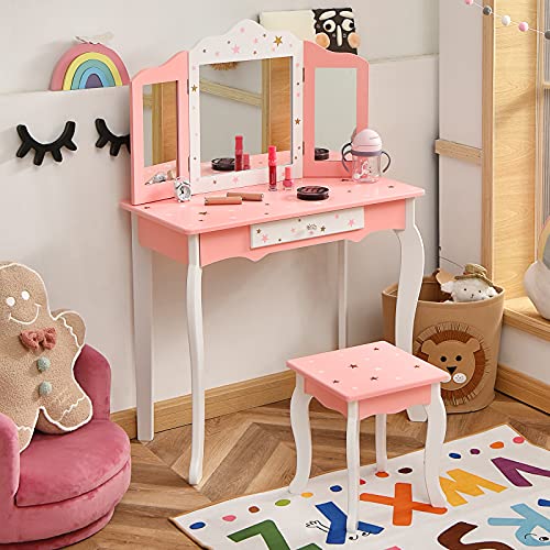 KOTEK Kids Vanity with Tri-Fold Mirror and Stool, Wooden Princess Makeup Dressing Table w/Large Drawer, Star Pretend Play Vanity Table Set for Little Girls (Star, Pink)