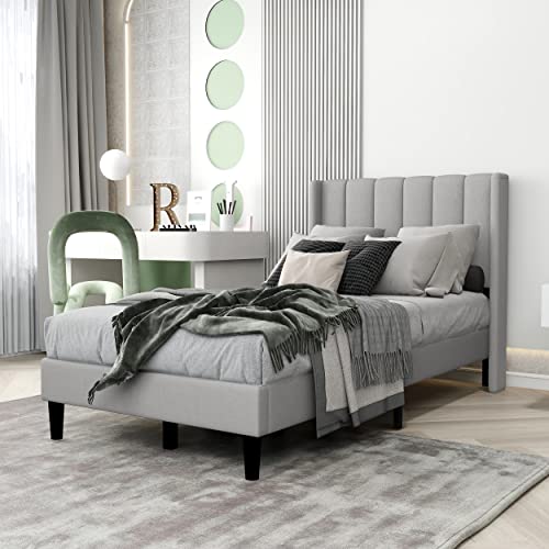 Upholstered Bed Frame Full with Wingback Headboard/No Box Spring Needed/Wooden Slat Support/Easy Assemble/Dark Gray