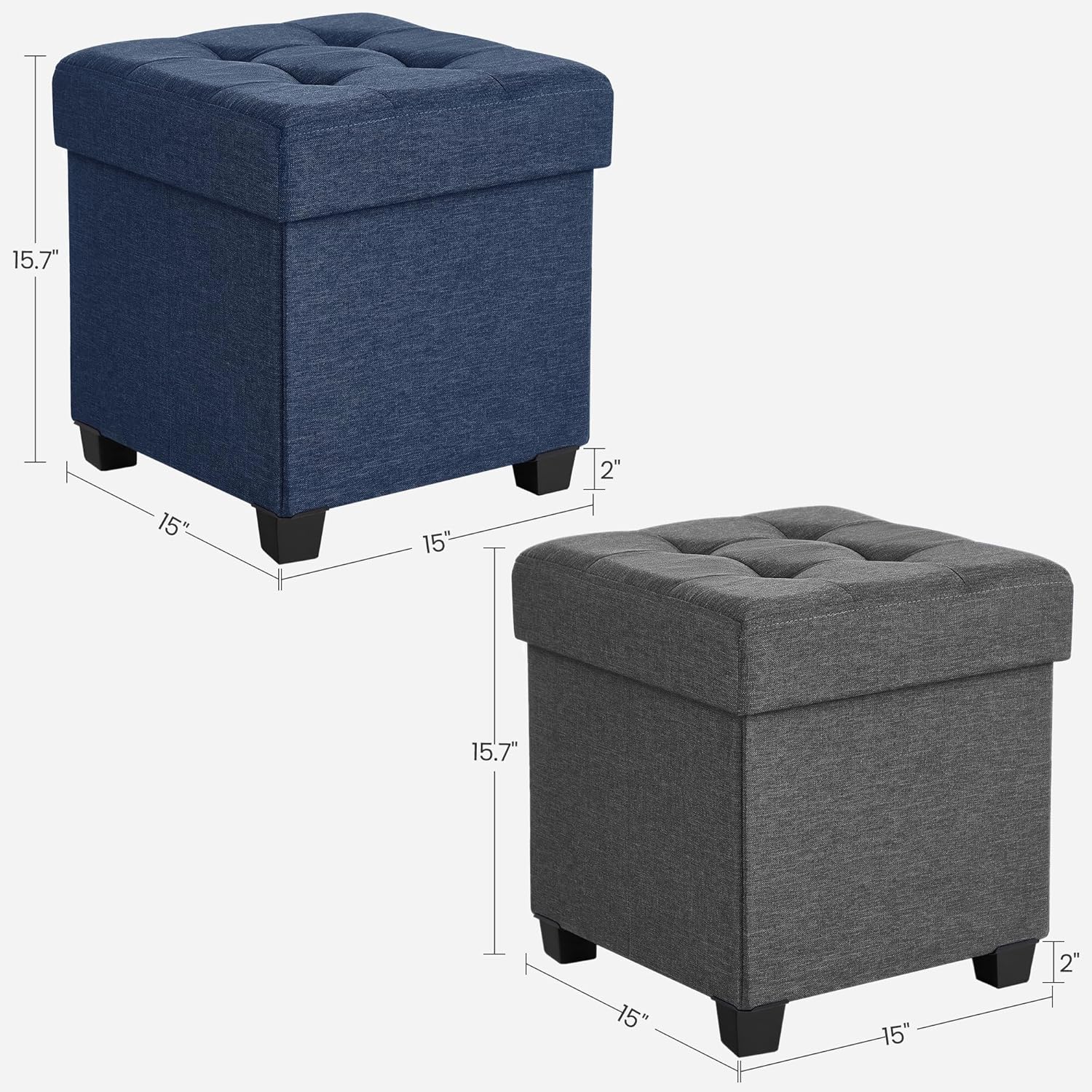 SONGMICS 15 Inches Cube Storage Ottoman Bundle, Bedroom Bench with Storage, Foot Stool with Feet, Holds Up to 660 lb, Dark Gray and Dark Blue ULSF14GYZ and ULSF14IN