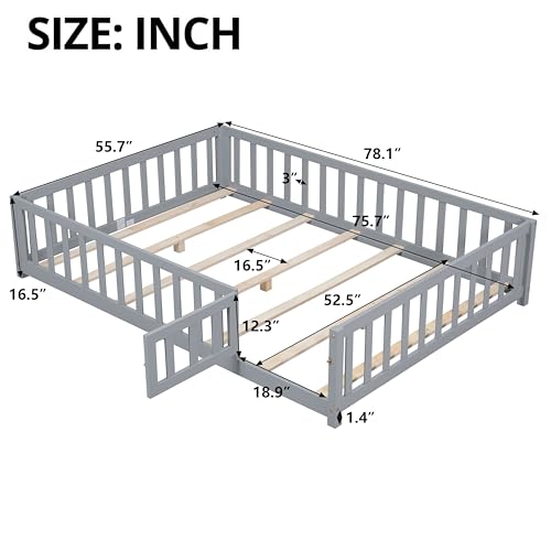 Anwick Full Size Floor Platform Bed with Fence and Door for Kids, Montessori Floor Bed Frame with Support Slats for Toddlers,Kids, Boys and Girls, Wooden Floor Bed (Natural)