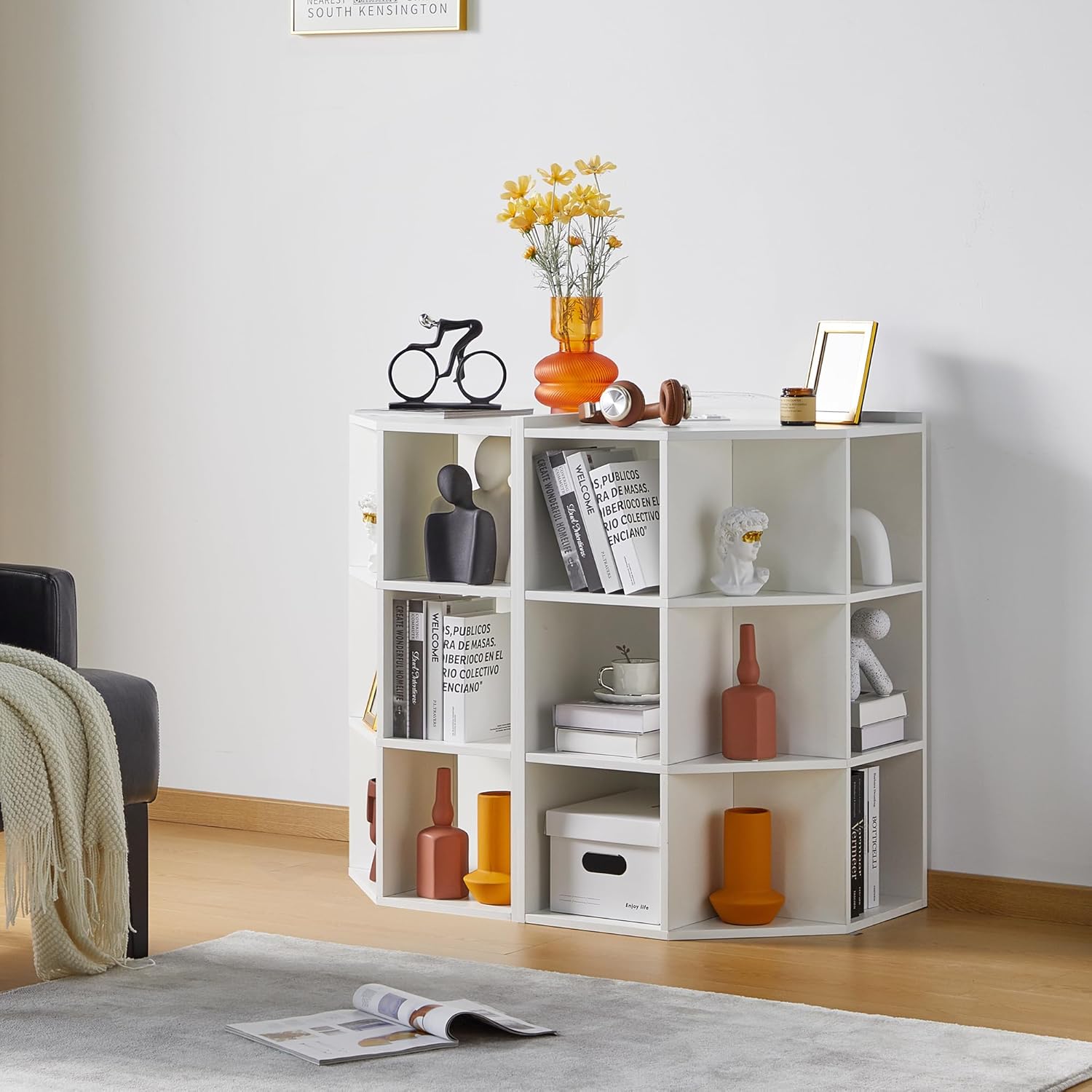 Corner Cabinet, Wooden Corner Storage Cabinet with USB and Outlets, Corner Cube Toy Storage Board Game Storage Cabinet for Bedroom, Living Room, Playroom, Home Office (White)