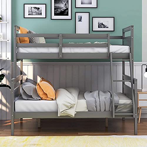Twin Over Full Bunk Bed, Bunk Bed Twin Over Full Size with Ladder, Wood Bunk Bed Frame with Guardrails for Boys Girls Teens Adults, Can be Convertible to 2 Beds, No Box Spring Needed, Grey