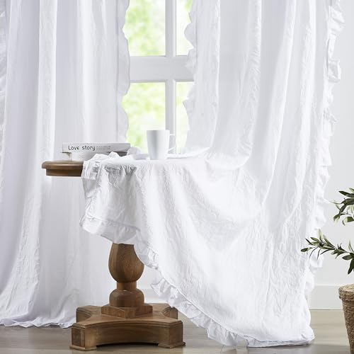 White Boho Cotton Curtains with Ruffle Edge 84 Inches Length,Not-See-Through Crinkled Fabric Drape,Shabby Chic Window Treatment for Bedroom Living Room Canopy Bed,Rod Pocket,40