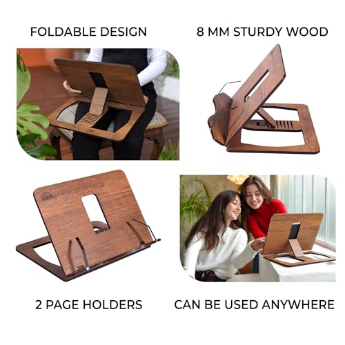 Book Stand for Reading, Wooden, Handmade, Foldable Recipe Cookbook Tablet PC Holder Adjustable Height Resting Reader Display, Textbook Magazine Music Book Stand (Cambridge)