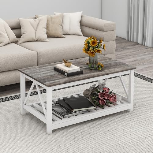 Farmhouse Coffee Table with 2-Tier Storage Shelf Rectangular Rustic Vintage Wood Cocktail Table for Living Room, Oak Grey