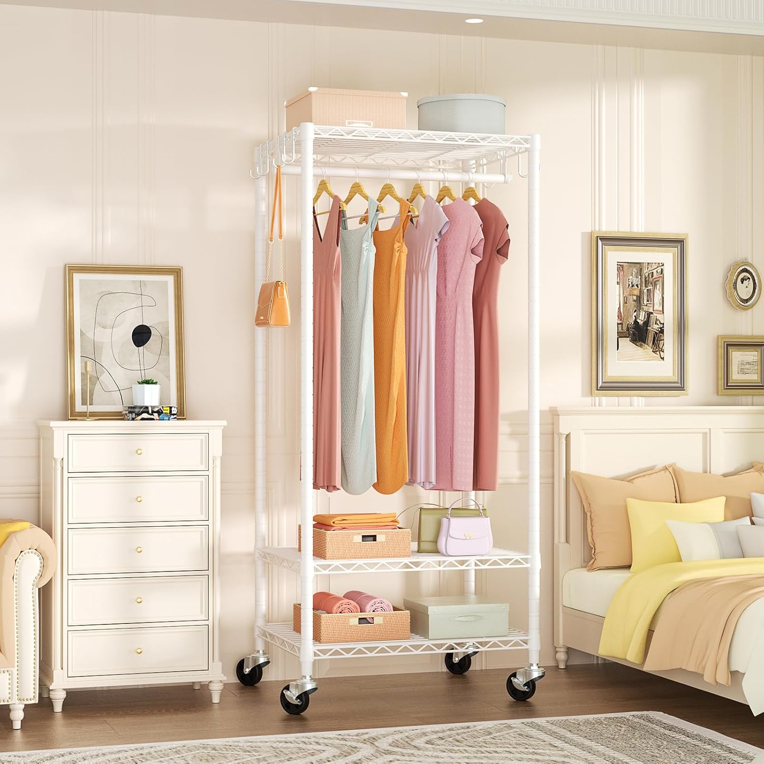 P6 Mini Rolling Clothes Rack Heavy Duty, Clothing Racks for Hanging Clothes, Freestanding Garment Rack with Wheels, Portable Closet Rack Max Load 360LBS, 23.6''W x 14''D x 74.6''H, White