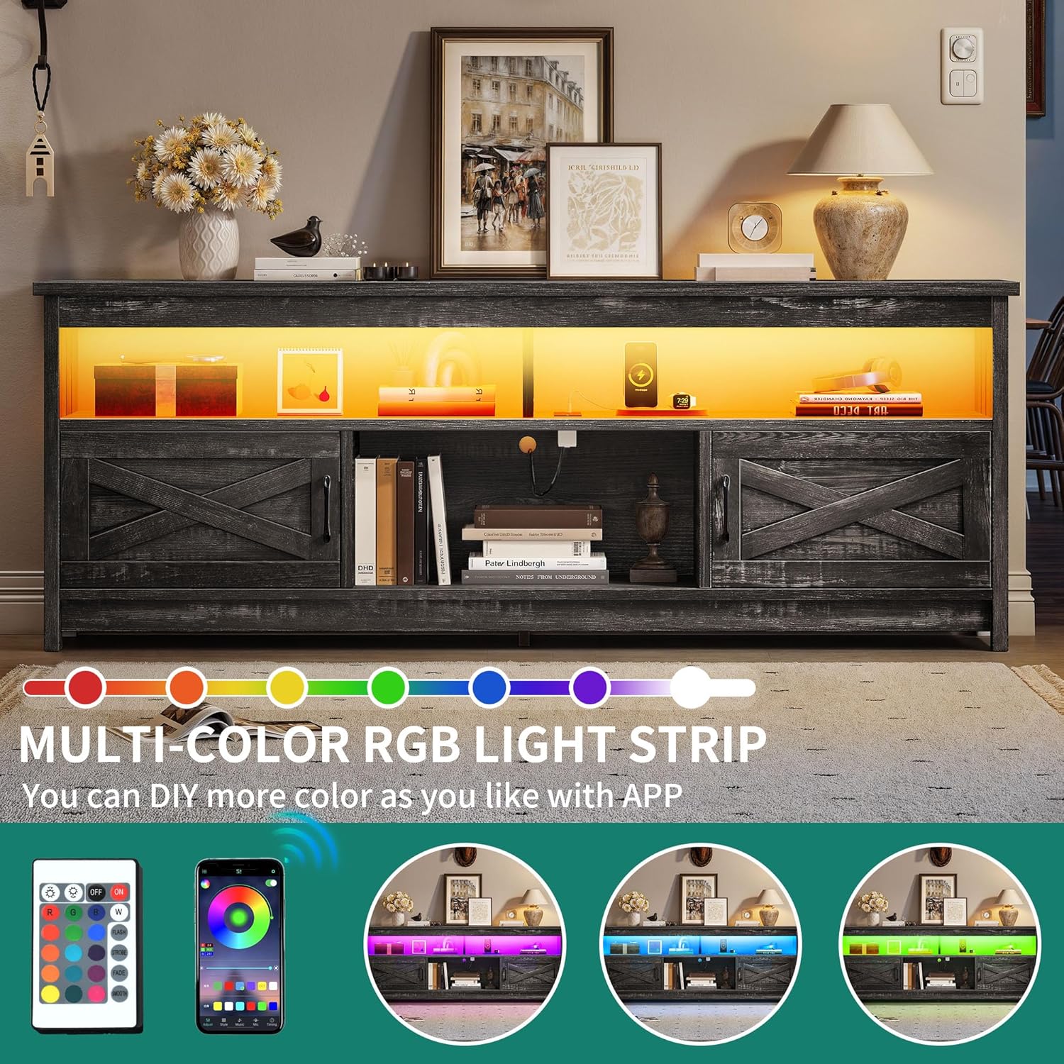 YITAHOME TV Stand with LED Light & Power Outlet, Farmhouse Media Console w/Storage Cabinets for 75 Inch TV, Rustic Entertainment Center Table TV Cabinet for Living Room, 65'' Large TV Stand, Dark Grey