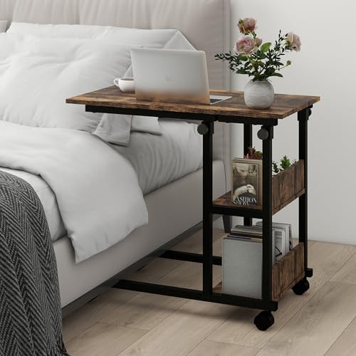 SANODESK Height Adjustable C-Shaped End Table with Wheels, Side Table Couch Table with Storage Shelves End Table TV Tray Table for Living Room, Bedroom，Small Space, Sofa Bedside Table，Black