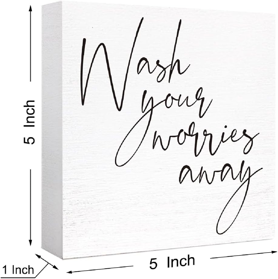 Funny Bathroom Wood Sign Wash Your Worries Away Wood Block Sign for Bathroom Shelf Toilet Restroom Home Tabletop Desk Decor,Farmhouse Bathroom Wooden Box Sign