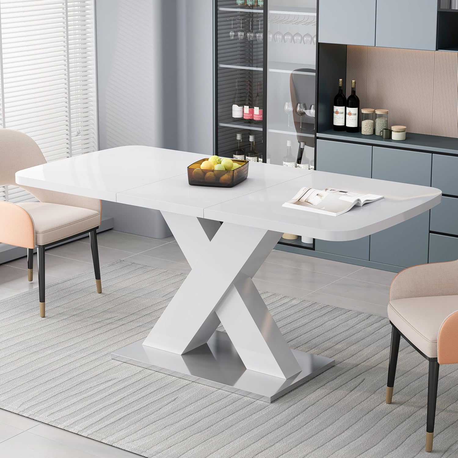 Modern Square Dining, Stretchable, White Top+MDF X-Shape Table Leg with Metal Base, 1
