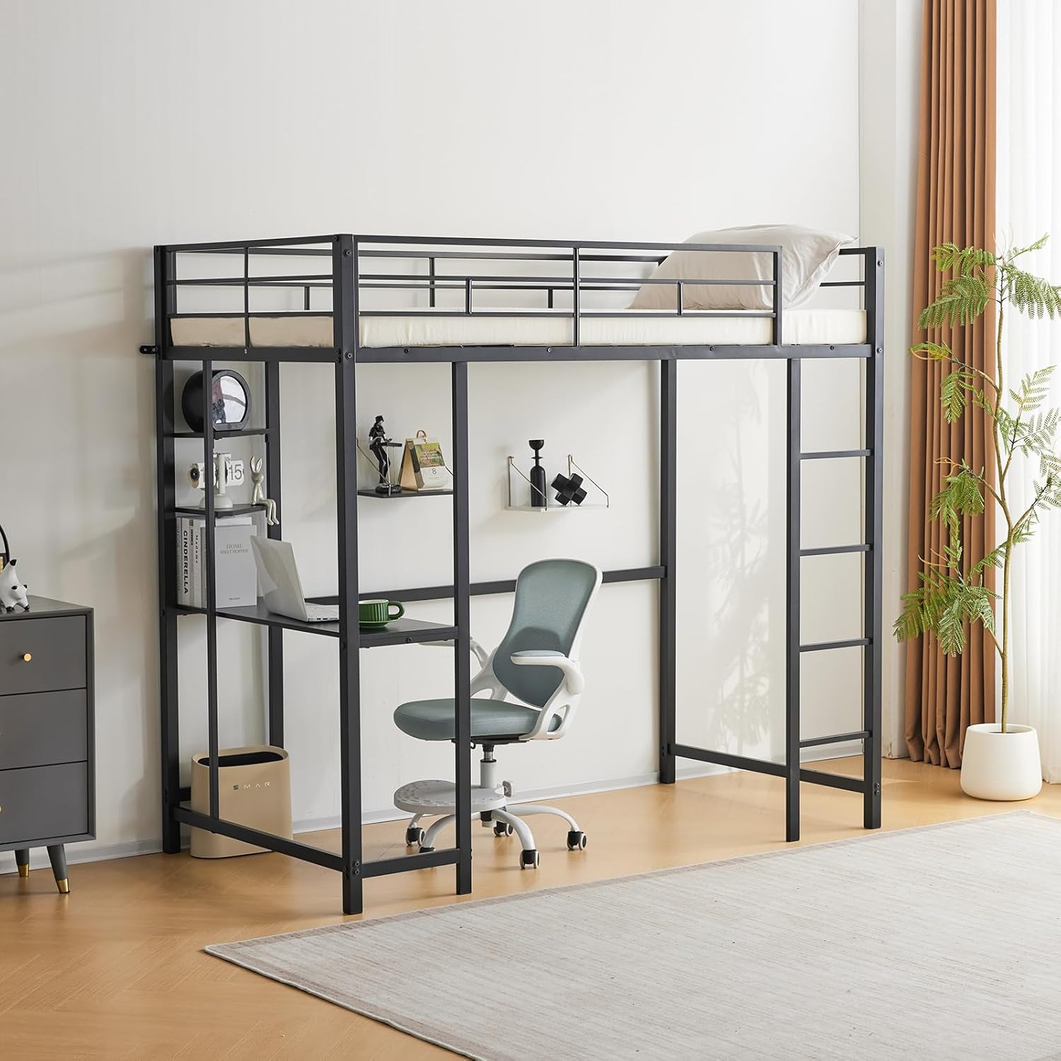 Modern Metal Loft Bed Frame with Desk and Storage Shelves - Twin Size, Integrated Ladders & Guardrails, Space-Saving Design, Black