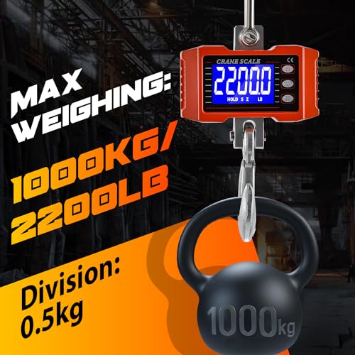 CGOLDENWALL Digital Crane Scale 2200lb Industrial Hanging Scale Handheld Hoist Scale kg lb Switchable 1000kg Wild Game Scale for Farms, Hunting and Livestock