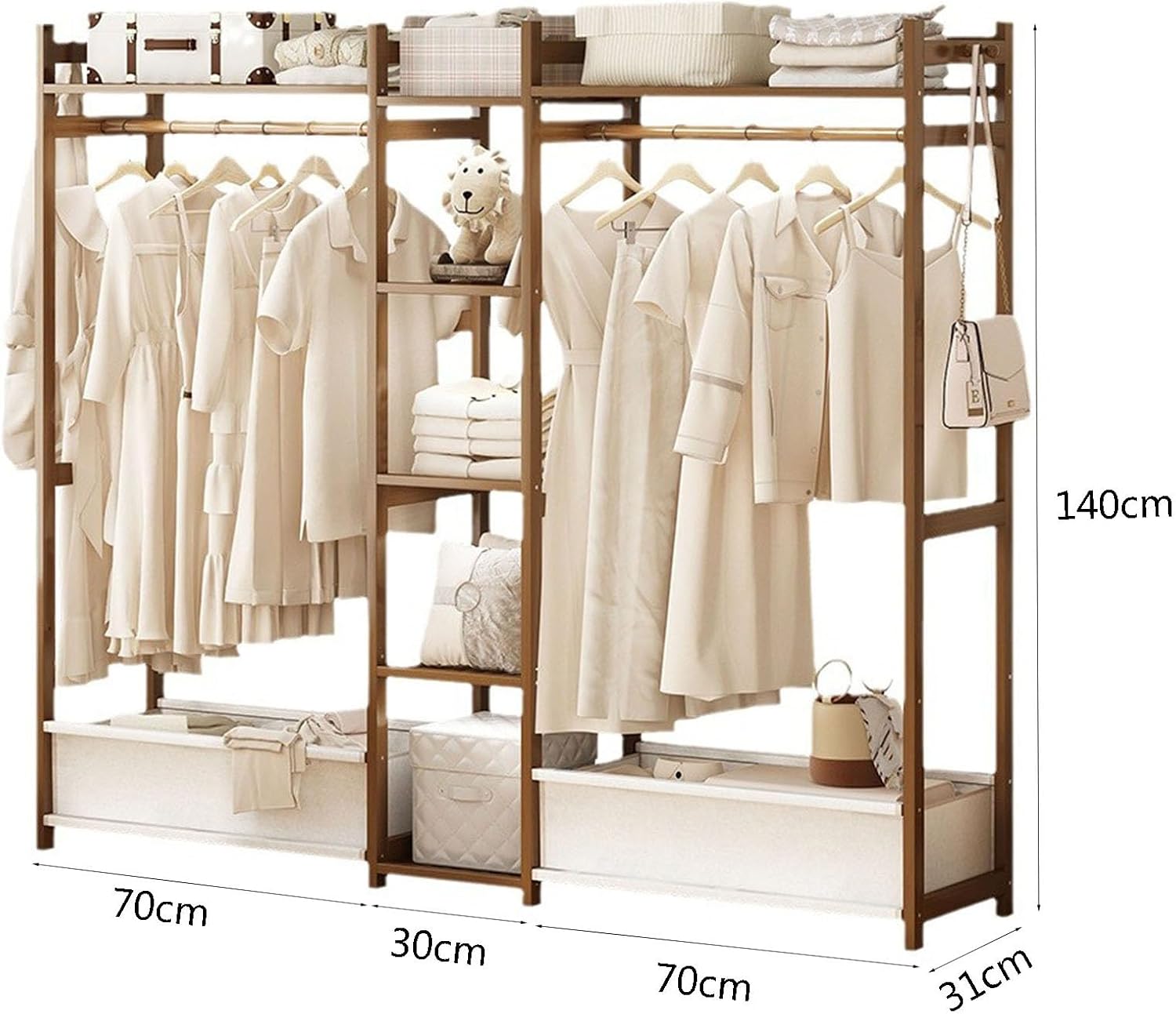 Bamboo Garment Rack, Free Standing Clothes Coat Hanger Rolling Closet Organizer with Shoe Rack Wardrobe Storage Shelves for Hall Living Room Bedroom Office