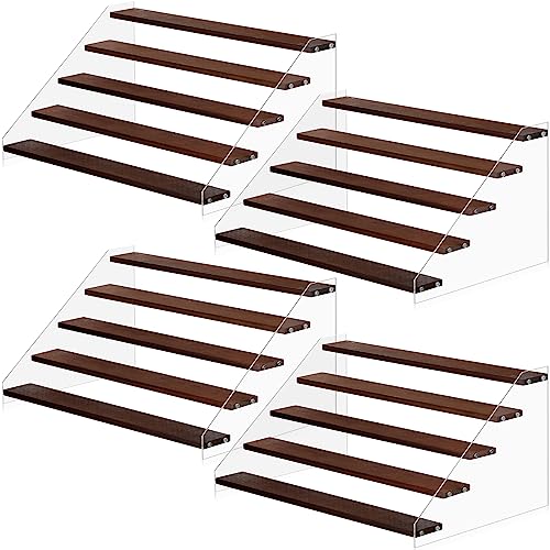 Queekay 4 Pack Acrylic Wood Display Stand Wooden Tiered Display Shelf Clear Acrylic Display Shelves Rack Display Stand Step Riser Ladder Stand for Figure Cupcake Perfumes Desserts (15.7 Inch, 5 Tier)