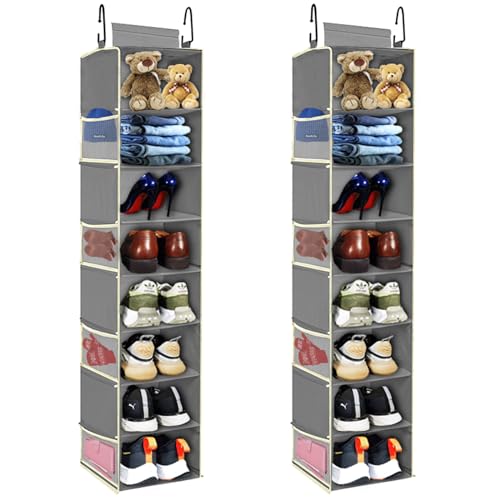 2 Pack Large-Sized Hanging Shoe Organizer 8-Shelf, Hanging Closet Organizer with 8 Side Pockets, Wider Hanging Shelves for Storage Shoes Clothes 9