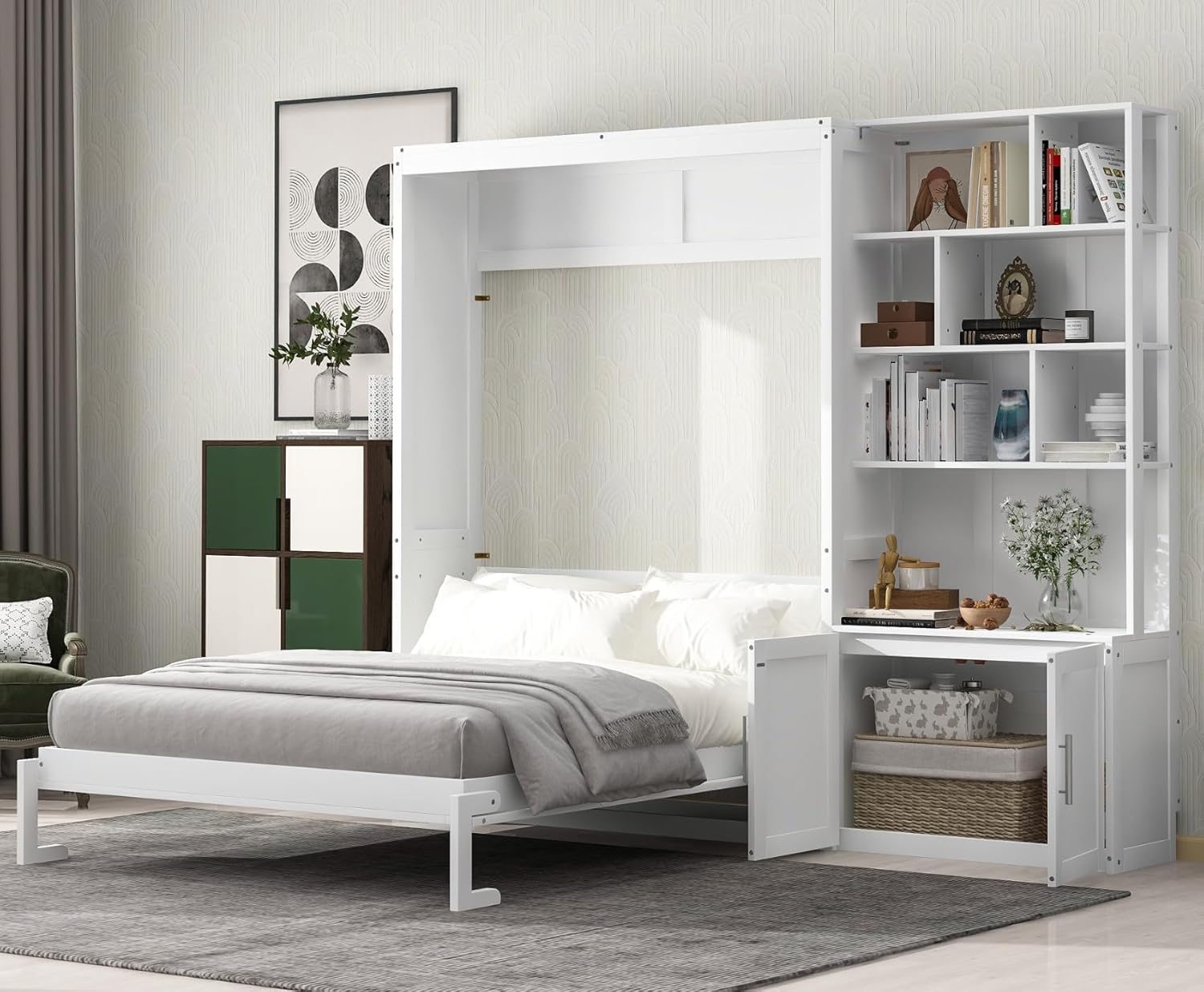 Merax Full Size Murphy Bed Cabinet with Multiple Storage Shelves, Wood Foldable Hidden Wall Platform Bedframe Chest for Home, Bedroom, Office, Small Room, Apartment, white