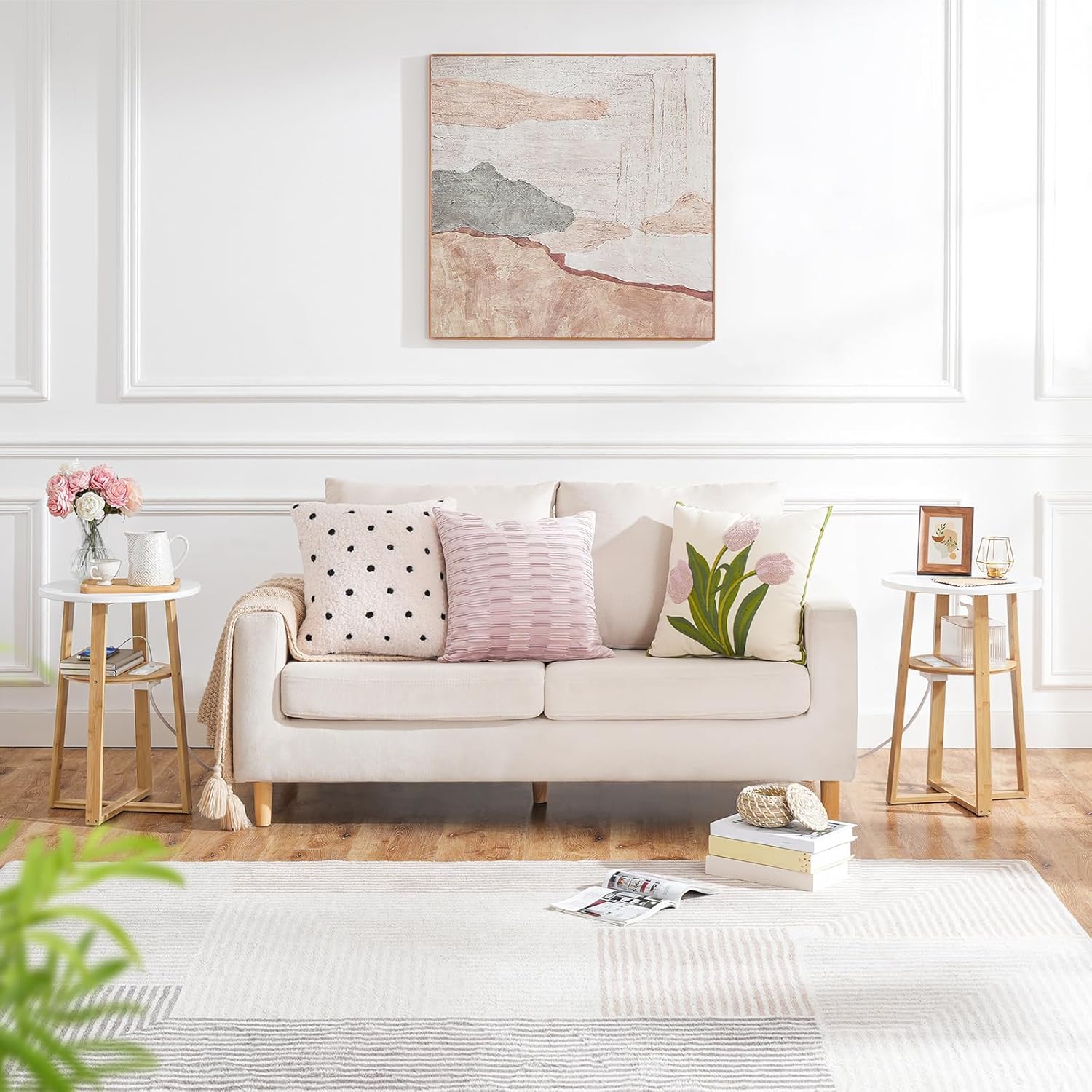 HOOBRO Set of 2 Round Side Tables with Charging Station and Bamboo Side Tables with Charging Station Bundle, Round Accent End Tables, for Living Room, Bedroom, YW101UBZP201-YL151UBZP201