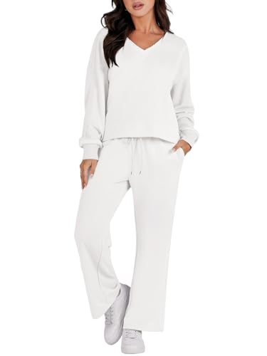 ANRABESS Women's Two Piece Outfits Matching Sets Long Sleeve Crop Pullover Top and Wide Leg Pants Tracksuit Lounge Set