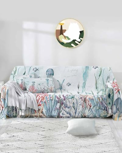 Jellyfish Blue Cover Couch Covers for 3-4 Cushion Couch Throw Couch Cover with Tassel Soft Slipcover Summer Ocean Coral Starfish Fish Shells White Couch Furniture Protector for Dog Pet 71