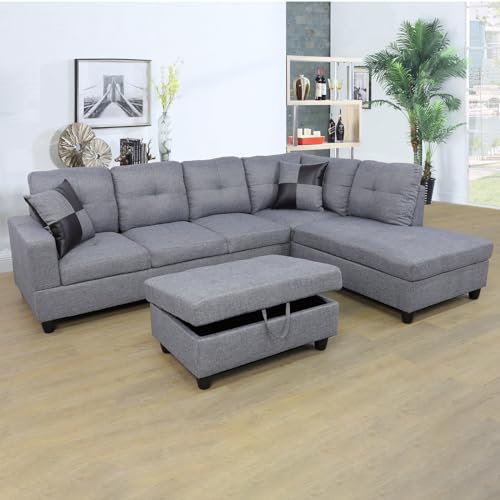 95 Inch L Shaped Sectional Sofa with Storage Ottoman, Right Facing Chaise Longue, Reversible Backrest w/ 2 Cup Holders, Semi PU Synthetic Leather Tufted Cushions, for Living Room, Ginger