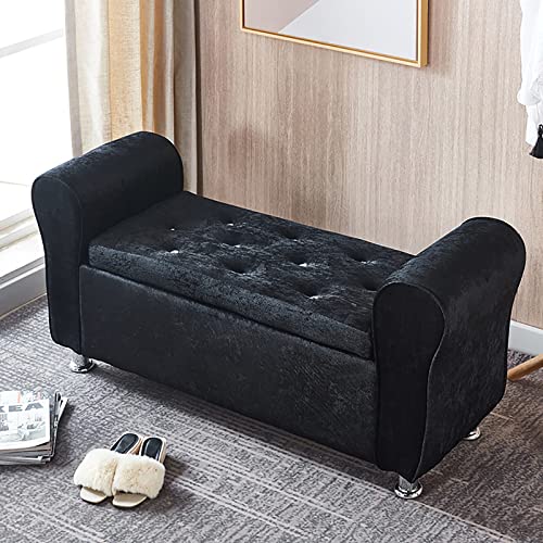 Velvet Modern Entryway Shoe Bench with Arms - Plush Tufted Footstool Ottoman and Storage Bench for Living Room, Luxurious Velvet Upholstery, Purple