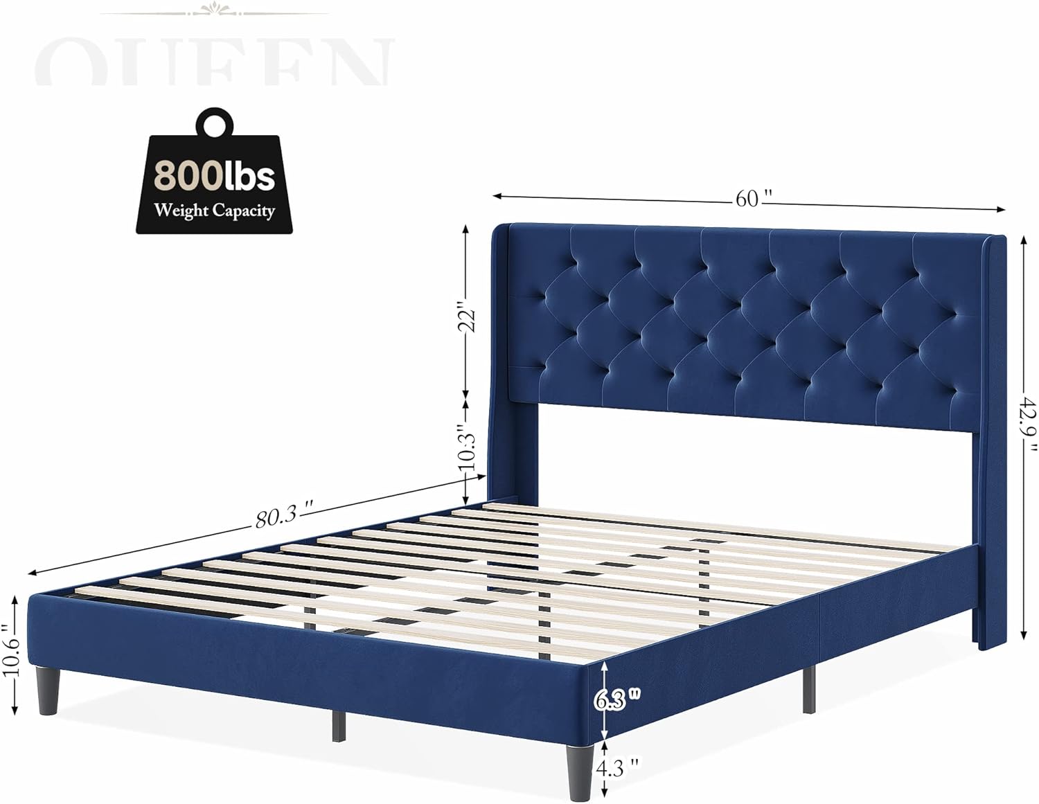 Queen Size Platform Bed Frame with Wingback, Velvet Upholstered Bed Frame, Strong Wooden Slats/No Box Spring Needed/Noise-Free, Easy Assembly -Blue