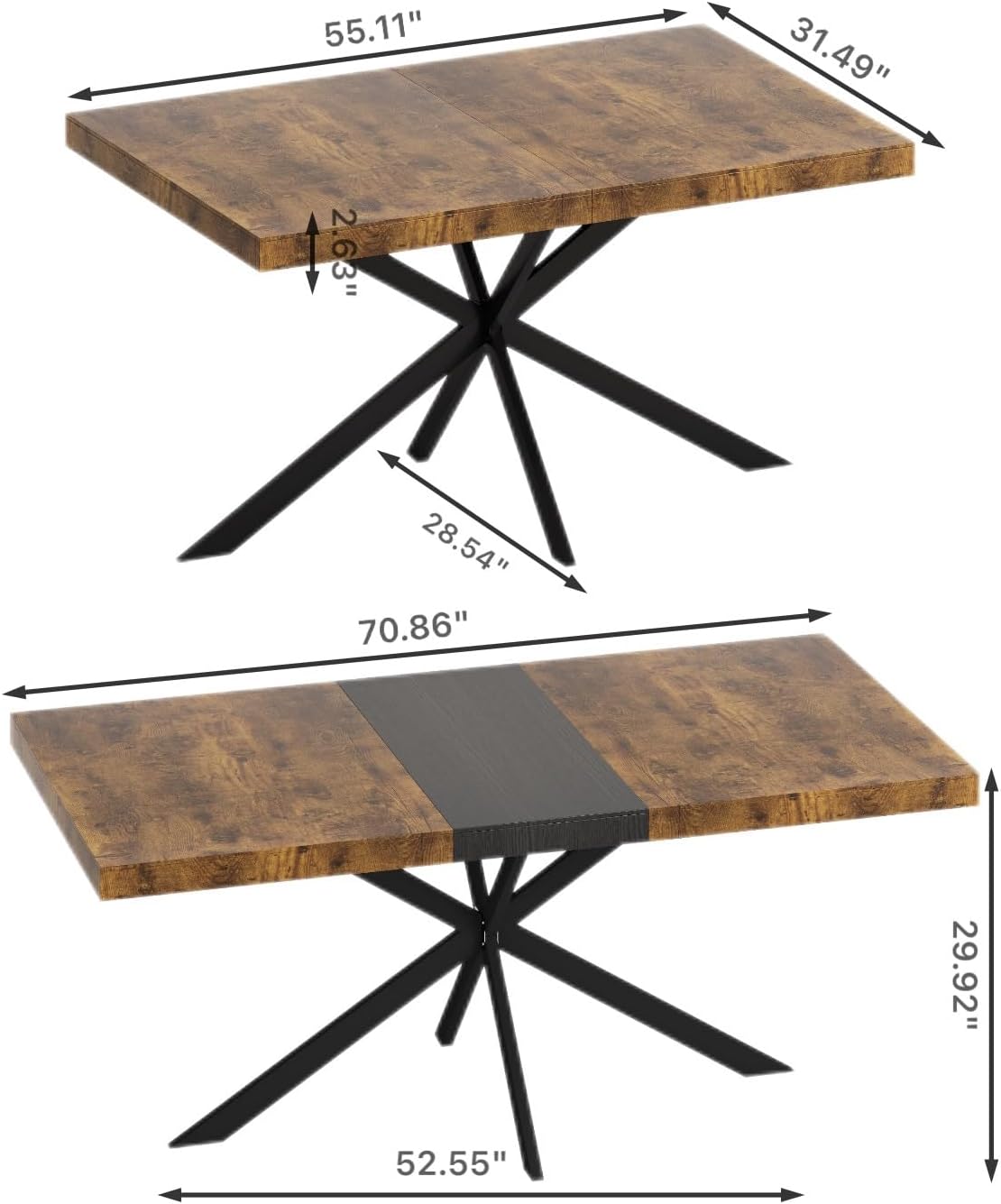 Retro Rectangular Stretch Dining Table, Antique Wood Top Relief Plate, Fine Sand Cross Iron Foot Base DiningTable with Storage Box, 1, Black Brown