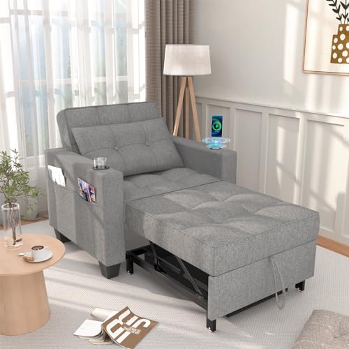Futon Sofa Bed, 3-in-1 Convertible Chair Sleeper Bed with Wireless Charging and Type C & USB Port, Adjustable Backrest Sleeper Sofa with Linen Fabric for Living Room Apartment Small Space