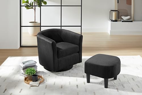 Swivel Accent Chair with Ottoman, Modern Upholstered Tufted Armchairs, 360 Degree Swivel Barrel Sofa Chair, Corduroy Fabric Round Tub Sofa Chair for Living Room White