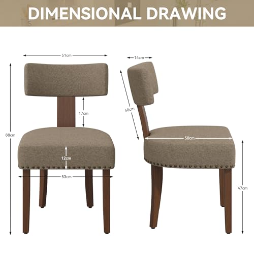 Upholstered Dining Chairs Set of 6, Mid Century Modern Dining Room Chairs Kitchen Chairs Linen Fabric and Curved Backrest Brown