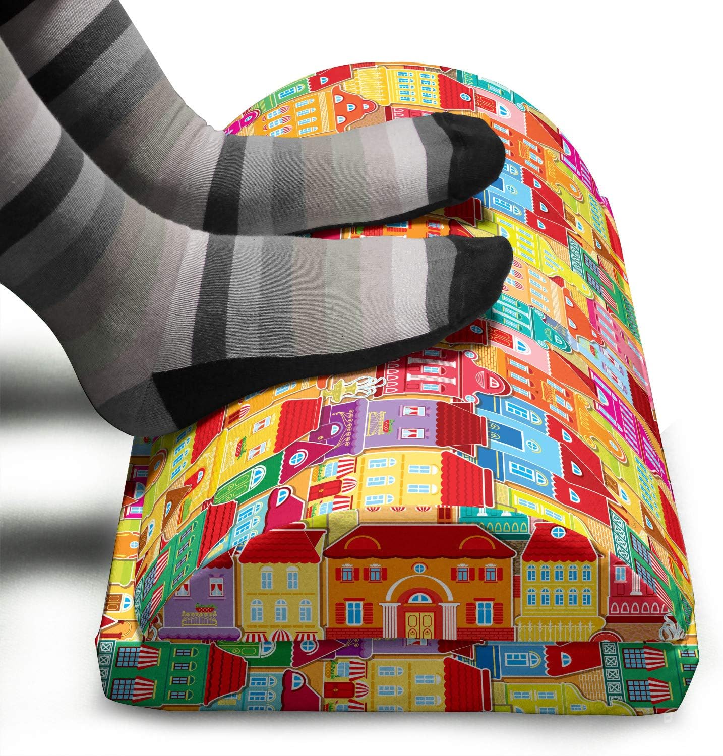 Ambesonne Cityscape Cartoons Foot Rest, European Architecture Art Houses with Pillars Fountains Urban View, Non-Slip Backing Adjustable Ergonomic Memory Foam Leg Support for Office, Multicolor