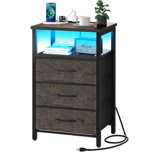 Yoobure Night Stand with Charging Station, 20 Colors LED Nightstand with USB Ports and Outlets, End Table with 3 Fabric Drawers and Storage Shelf, Bedside Tables Small Dresser for Small Space, Grey