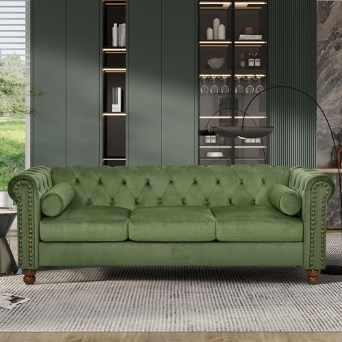 Chesterfield Sofa - Tufted Sofa with Nailhead Trim and 2 Neck Roll Pillows, 3 Seater Couch with Chesterfield Design and Soild Wooden Legs, Traditional Sofa for Living Room (Brown-PU Leather, 3 Seat)