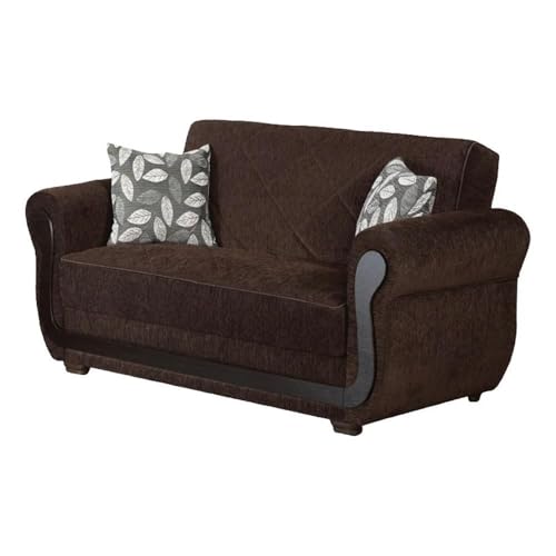 Empire Furniture USA Sunrise Collection Convertible Loveseat with Storage Space, Includes 2 Pillows, Dark Brown