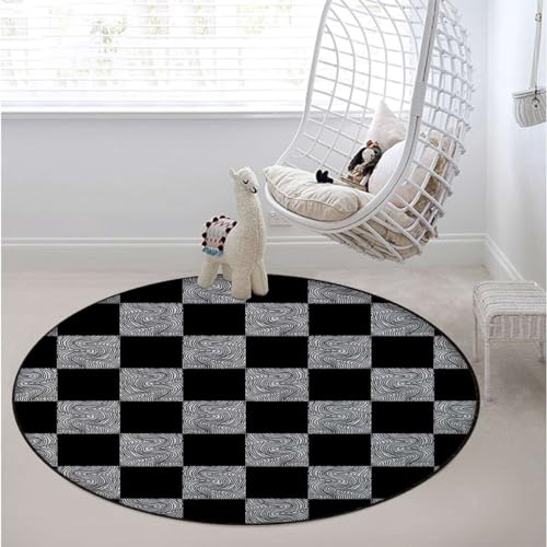 Black and White Round mat Washable Desk Chair Mats Low-Pile Carpet for Rolling Chair Decorative Round Rug Multi-Purpose Floor Mat Curvy Lines Modern Mosaic Diameter 47.2 in