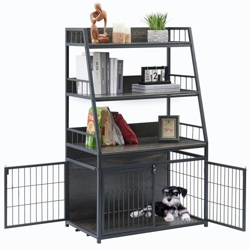 Furniture Style Dog Crate for Small/Medium Dog, Heavy Duty Anti-Chew Dog Kennel Furniture with 3 Doors, Wooden Decorative Indoor Basic Dog Cage with 3-Layer Storage Shelves