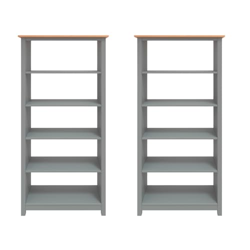 Set of Two Tall Solid Pine Wood Bookcases - Slim, Narrow, and Tall, Perfect for Office or Living Room (White/Pine Top)