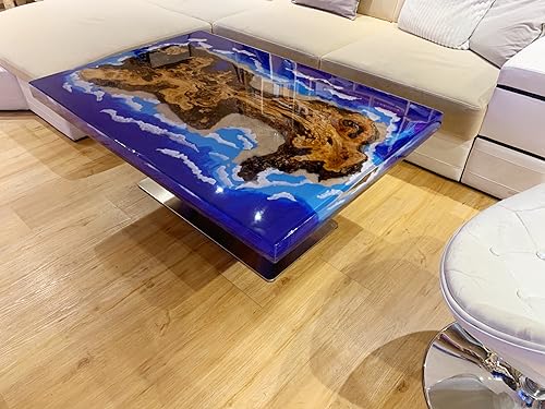 TUZECH Natural Wood Resin Epoxy Blue Classic Island Look with Waves Table Coastal table Top Dining Table Coffee Table Side/End Table Home Décor (without Stand, 36 x 20 Inches)